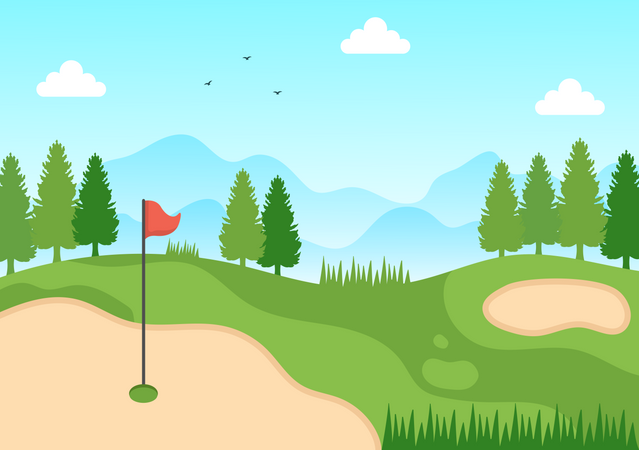 Campo de golfe com bandeira  Ilustração