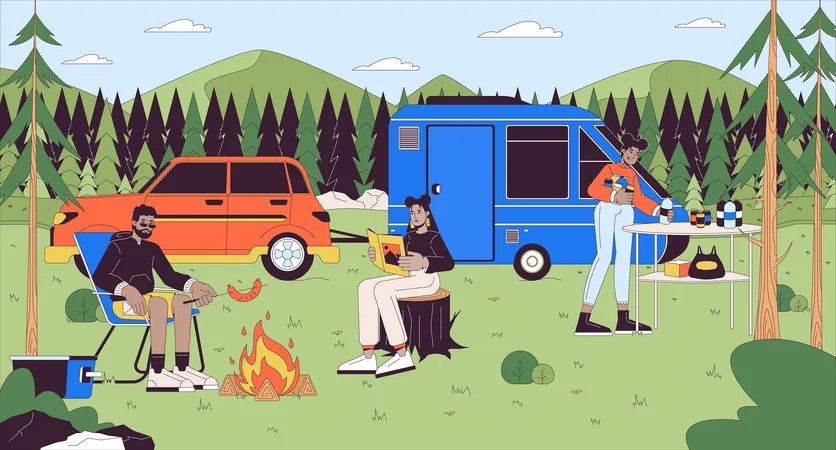 Campsite Recreation Cartoon Flat Illustration Forest Camping With Friends 2 D Line Characters Colorful Background Family Outdoors Spring Campground Leisure Woodland Scene Vector Storytelling Image Illustration