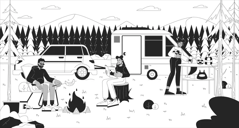 Campsite Recreation Black And White Line Illustration Forest Camping With Friends 2 D Characters Monochrome Background Family Outdoors Spring Campground Leisure Woodland Outline Scene Vector Image Illustration