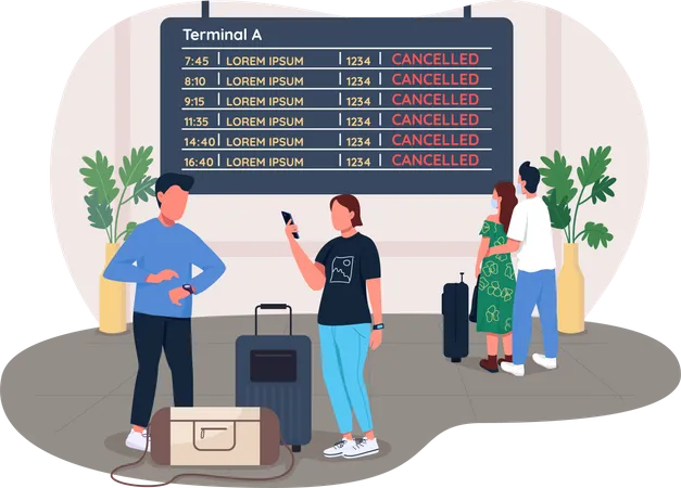 Cancelled Flights 2 D Vector Web Banner Poster Not Going On Summer Holiday Because Of Corona Virus Covid Flat Characters On Cartoon Background Quarantine Printable Patch Colorful Web Element Illustration