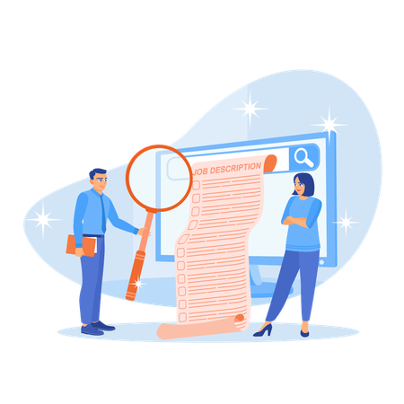 Candidato a emprego verificando a descrição do cargo no computador e encontrando a posição de trabalho certa  Ilustração