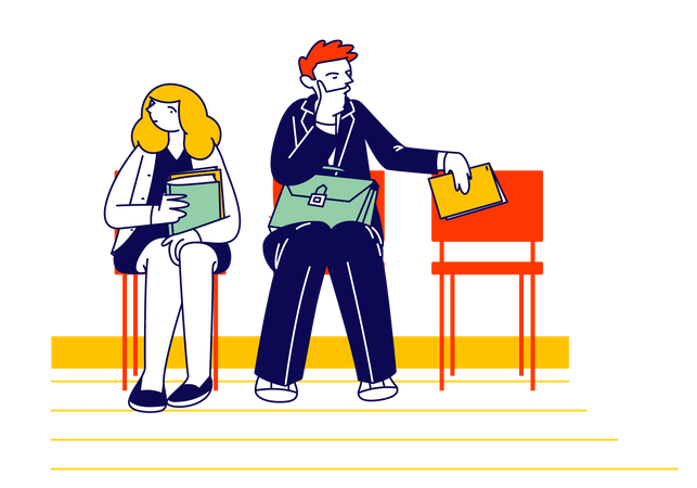 Candidato masculino e feminino segurando currículo na mão  Ilustração