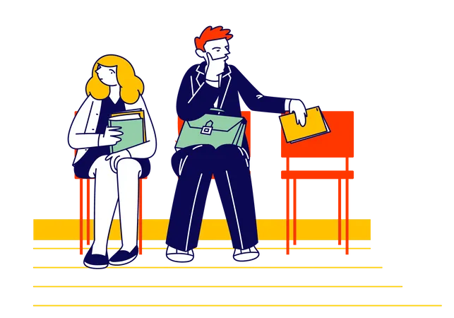 Candidato masculino e feminino segurando currículo na mão  Ilustração