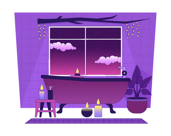 Candles With Bathtub Isolated Chill Lo Fi Image Home Spa Day Candlelight In Bathroom 2 D Vector Cartoon Interior Illustration Vaporwave Background 80 S Retro Album Art Synthwave Aesthetics イラスト