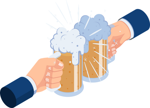 Mãos de empresário tilintando caneca de cerveja  Ilustração