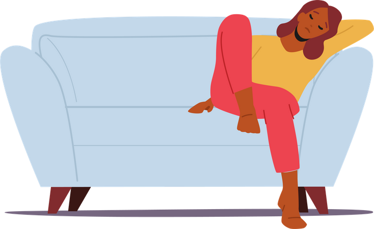 Mulher africana cansada sentada no sofá  Ilustração