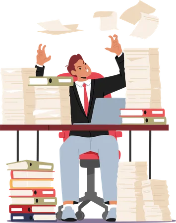 Trabajador de oficina cansado y exasperado sentado en el escritorio con montones de documentos arrojando papeles al aire  Ilustración
