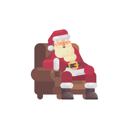 Papai Noel cansado dormindo em uma poltrona depois de entregar os presentes  Ilustração