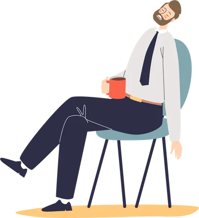 Homem Cansado E Sobrecarregado De Escritorio Dorme Sentado Na Cadeira Com Cafe Salientou O Esgotamento Do Empresario Frustrado No Local De Trabalho Ilustracao Em Vetor Plana Dos Desenhos Animados Ilustração