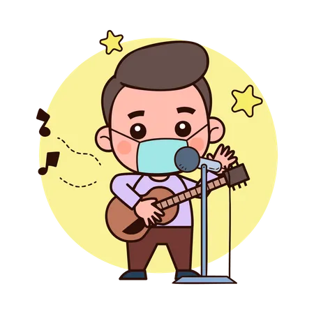 Cantante masculino con máscara médica y cantando una canción  Ilustración