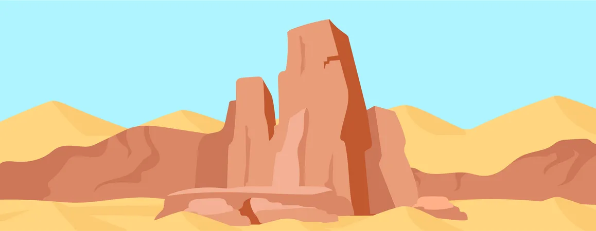 Canyon Flat Color Vector Illustration Dry Desert Mountains Landscape Wild Nature Scenery Cliff Scenery Rock In Valley View 2 D Cartoon Landscape With Sand Dunes On Background Illustration
