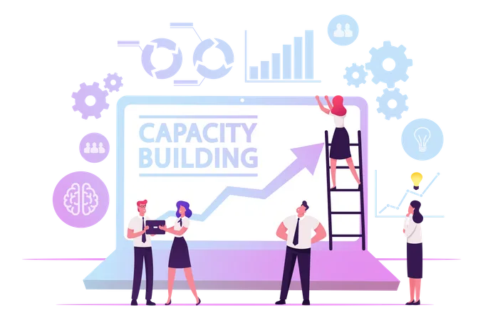 Capacity Building Concept Team Of Business People Working Around Of Huge Laptop With Growing Arrow On Screen And Data Analysis Icons Around Development Strategy Cartoon Flat Vector Illustration Illustration