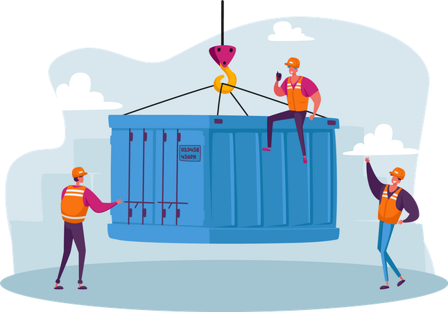Capataces cargando cajas de contenedores desde un buque de carga  Ilustración