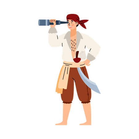 Le capitaine boucanier en costume de pirate avec un sabre à la ceinture regarde à travers un télescope  Illustration