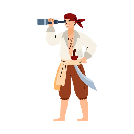 Le capitaine boucanier en costume de pirate avec un sabre à la ceinture regarde à travers un télescope  Illustration