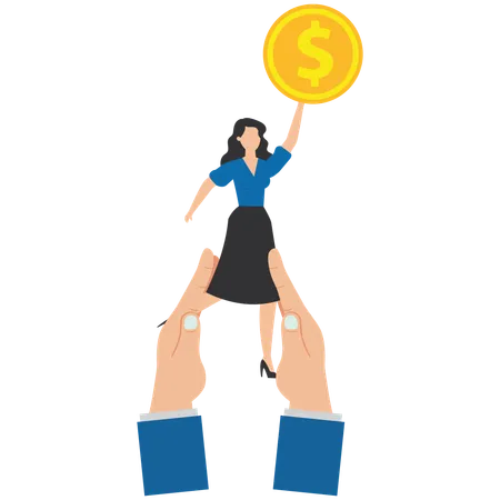 Capital hands grabbing businesswoman with gold coins  Illustration