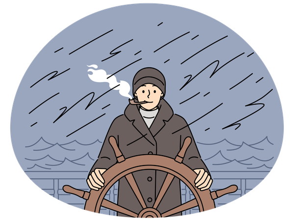 Capitán al volante de un barco en medio de una tormenta  Ilustración