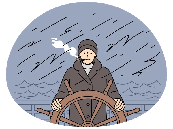 Capitán al volante de un barco en medio de una tormenta  Ilustración