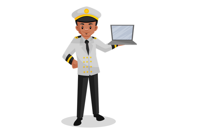 Capitán de barco sosteniendo una computadora portátil en la mano  Ilustración