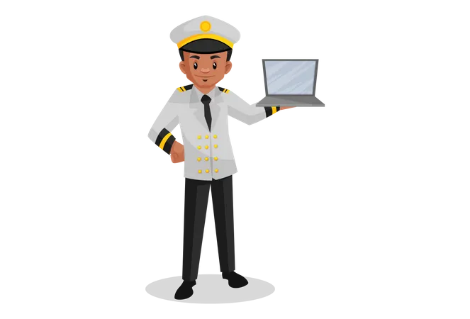 Capitán de barco sosteniendo una computadora portátil en la mano  Ilustración