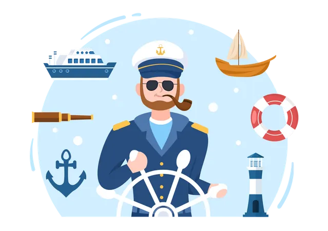 Hombre Crucero Capitan Caricatura Ilustracion En Marinero Uniforme Montar Un Barco Mirar Con Binoculares O Posicion En El Puerto En Plano Diseno Ilustración