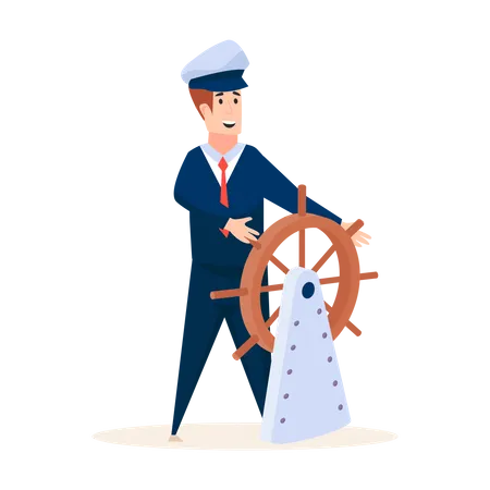 Capitán de crucero sosteniendo el timón de crucero  Ilustración