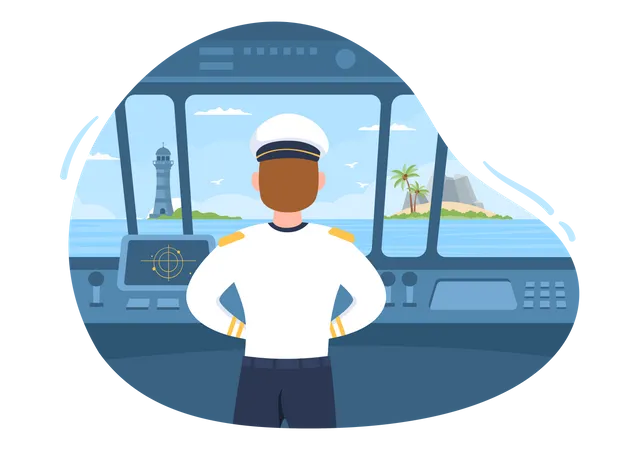 Hombre Crucero Capitan Caricatura Ilustracion En Marinero Uniforme Montar Un Barco Mirar Con Binoculares O Posicion En El Puerto En Plano Diseno Ilustración