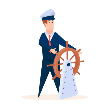 Capitán de crucero sosteniendo el timón de crucero  Ilustración