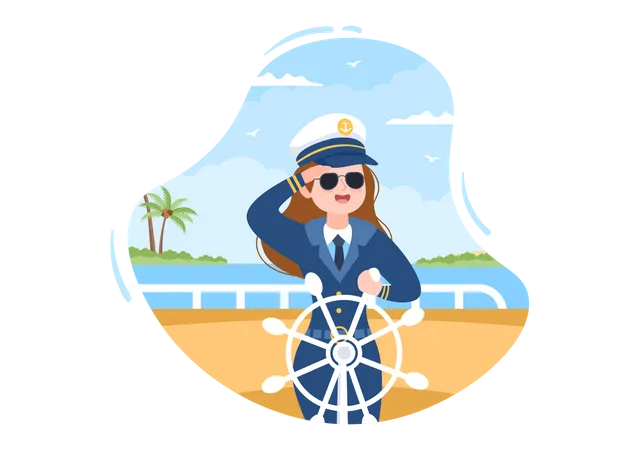 Mujer Capitan De Crucero Caricatura Ilustracion En Marinero Uniforme Montar Un Barco Mirar Con Binoculares O Posicion En El Puerto En Plano Diseno Ilustración