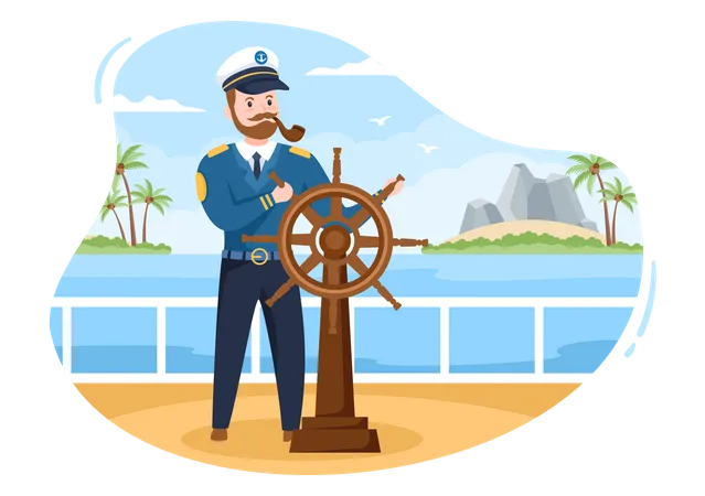 Capitão de navio de cruzeiro montando um navio  Ilustração