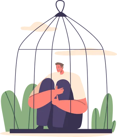 Captive Male Character Sitting In Cell Confined Man Sits Within A Cage Surrounded By Metal Bars His Expression Reflects A Mix Of Introspection And Captivity Cartoon People Vector Illustration Illustration