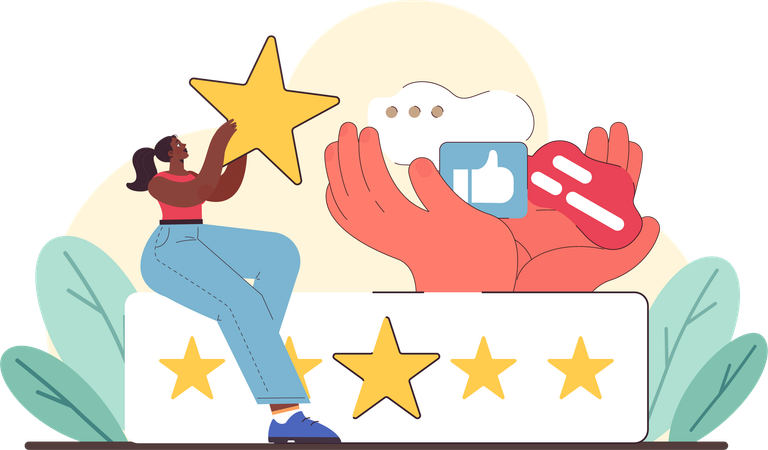 Capturar experiências do cliente com avaliações com estrelas e reações nas redes sociais  Ilustração