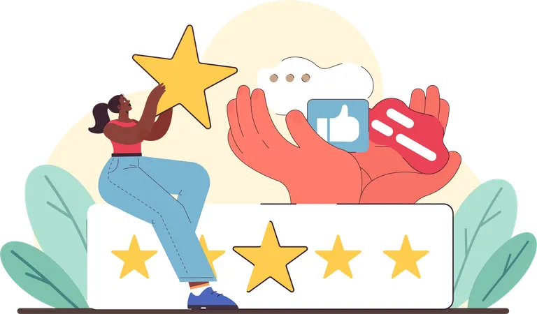 Capturar experiências do cliente com avaliações com estrelas e reações nas redes sociais  Ilustração