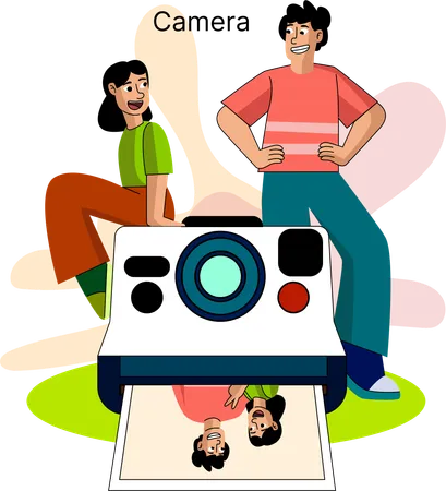 This Illustration Features Two Friends Engaging With A Large Colorful Camera Highlighting The Joy And Creativity Of Photography One Is Posing For A Photo While The Other Adjusts The Camera Symbolizing The Collaboration And Fun Involved In Capturing Moments Illustration