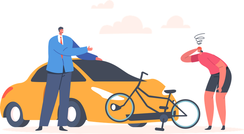 Car Accident with Bicycle on Road Illustration