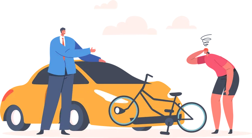 Car Accident with Bicycle on Road  Illustration