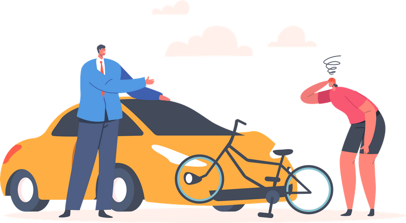 Car Accident with Bicycle on Road  Illustration