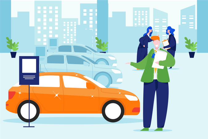 Car agent showing new car in car showroom Illustration