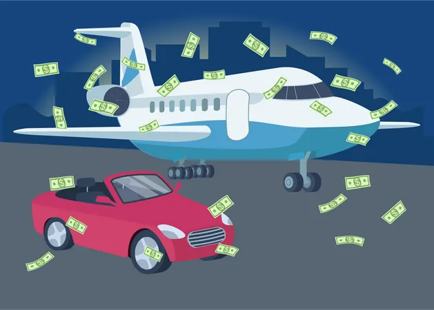 Car And Plane With Money Rain Flat Color Vector Illustration Winning Lottery Richness Wealthy Lifestyle Red Convertible Car And Airplane 2 D Cartoon Objects With Cityscape On Background Illustration