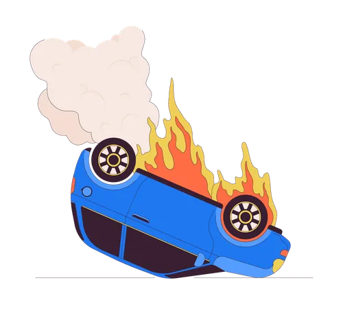 Car Burning On Accident Line Cartoon Flat Illustration Dangerous Situation Upside Down Auto On Fire 2 D Lineart Object Isolated On White Background Surviving Crash On Road Scene Vector Color Image Illustration