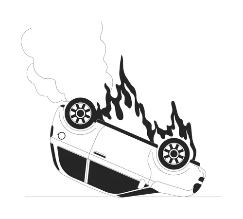 Car Burning On Accident Black And White Cartoon Flat Illustration Dangerous Situation Upside Down Auto On Fire 2 D Lineart Object Isolated Crash On Road Monochrome Scene Vector Outline Image Illustration