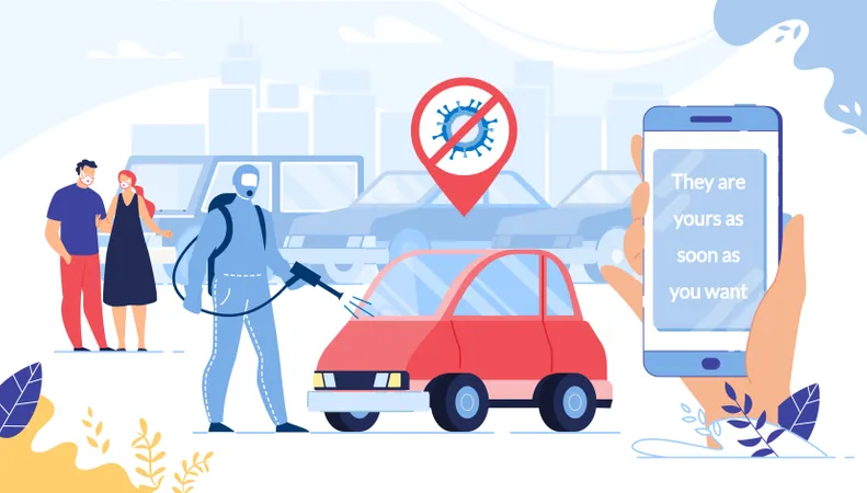 Security Car Buying Renting Via Smartphone On Covid 19 Outbreak Pandemic Quarantine Husband And Pregnant Wife Choosing Automobile Man Disinfecting Vehicle Human Hand Holding Mobile Phone Illustration