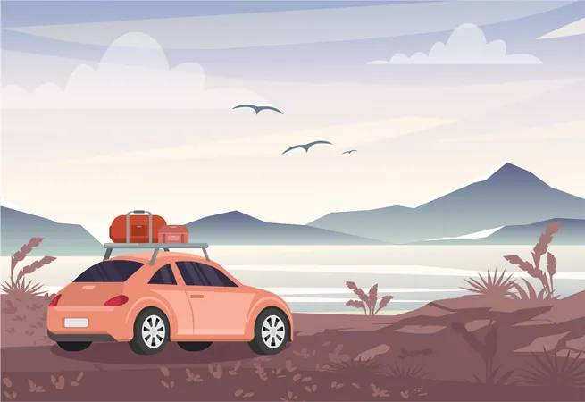 Car camped near beautiful landscape  Illustration