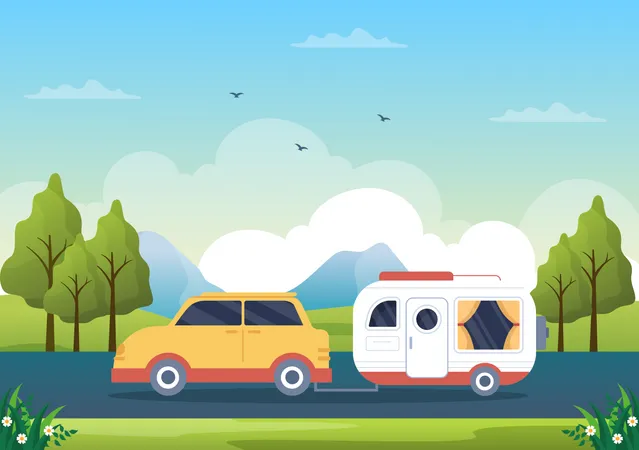 Camping Car Background Illustration With Tent Camper Car And Equipment For People On Adventure Tours Or Holidays In The Forest Or Mountains Illustration