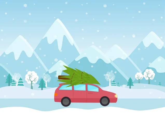 Car Carrying Christmas Tree  Illustration