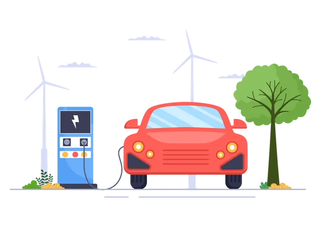 Charging Electric Car Batteries With The Concept Of Charger And Cable Plugs That Use Green Environment Ecology Sustainability Or Clean Air Vector Illustration Illustration