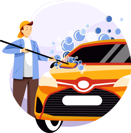 Car cleaner worker cleaning car with mop and soap bubble  Illustration