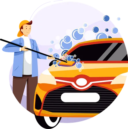 Car cleaner worker cleaning car with mop and soap bubble  Illustration