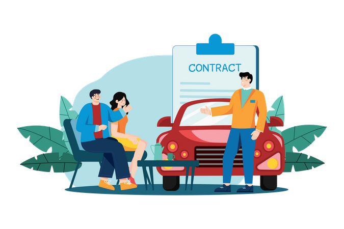Car dealer explaining sales contract to a couple buying a car  Illustration