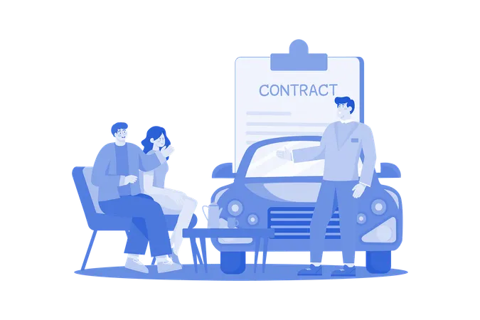 Car Dealer Explaining Sales Contract To A Couple Buying A Car  Illustration